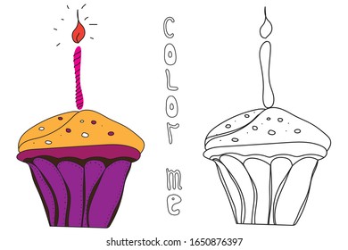 Outline with hand drawn cupcake with candle. Happy Birthday motif. Doodle vector illustration isolated on white background. Coloring.  Kids coloring book. A game for children.
