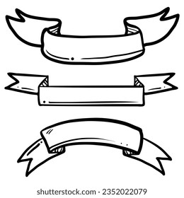 Outline hand drawn decorative ribbon flags. Empty banner for old looking design of label, text header, title, calligraphy or lettering. Useful pretty tool, illustration in doodle style.