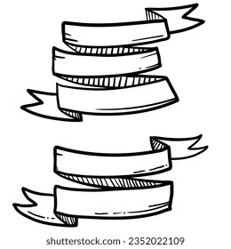 Outline hand drawn decorative ribbon flags. Empty banner for old looking design of label, text header, title, calligraphy or lettering. Useful pretty tool, illustration in doodle style.