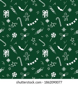 Outline hand drawn doodle pattern with white objects and symbols on the New Year and Christmas theme on green background. Vector illustration.
