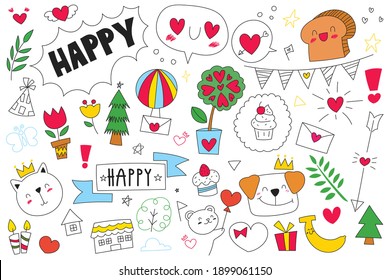 Outline hand drawn doodle set of objects and symbols on Celebration, new year and birthday theme. Vector illustration.
