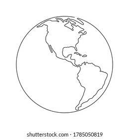 Outline hand drawn Earth. Planet Earth icon. Vector Illustration. Globe isolated on white background. Planet for logo, cards, banners. Earth globe, one line drawing of world map