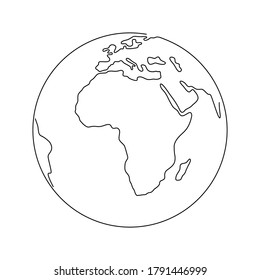 Outline hand drawn Earth. Planet Earth icon. Vector Illustration. Globe isolated on white background. Planet for logo, cards, banners. Earth globe, one line drawing of world map