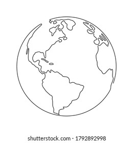 Outline hand drawn Earth. Planet Earth icon. Vector Illustration. Globe isolated on white background. Planet for logo, cards, banners. Earth globe, one line drawing of world map