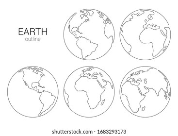 Outline Hand Drawn Earth Set. Vector Illustration. Planet Earth Isolated On White Background. Planet Set For Logo, Cards, Banners. Earth Globe, One Line Drawing Of World Map