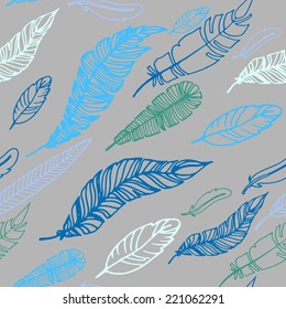 Outline hand drawn feathers pattern. Sketch seamless texture.