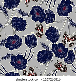 Outline hand drawn graden in the dash botanic dark blue flowers with butterflies ,design for fashion,fabric,wallpaper and all prints on light grey background color