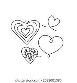 Outline hand drawn hearts composition. One line elements for print, banner, card, brochure. Vector illustration.