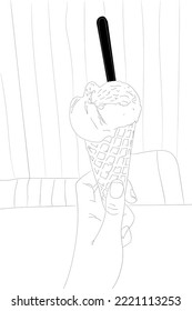 Outline hand drawn ice-cream. Continuous line cornet. Sweet ice cream for hot days.