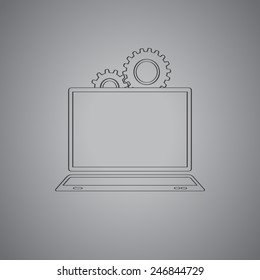 Outline hand drawn icon of laptop with spinning gears symbolizing development in vector