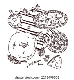 outline hand drawn illustration of national moldovan food. Cute vector art