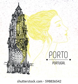 Outline hand drawn illustration of Porto city hall. Business and tourism concept with old buildings. Image for presentation, banner, placard or web site. Vector in line art style on vintage background