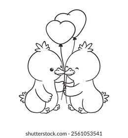 Outline hand drawn illustration of two cute  ducklings holding heart-shaped balloons together celebrating Saint Valentine's Day. Kawaii art with little ducks or geese. Romantic,  love-themed design