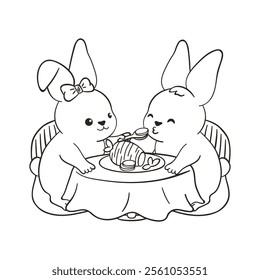 Outline hand drawn illustration with two adorable bunnies sit at table, sharing a meal featuring a carrot dish. One bunny wears a bow and feeds the other with love. Valentine's day romantic kawaii art