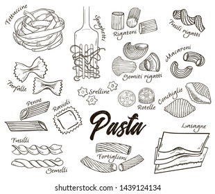 Outline hand drawn Italian Pasta set with names in vintage style.