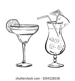 Outline hand drawn margarita and blue curacao cocktails  for posters and cards on white background