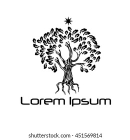outline hand drawn oak tree and star logo vector illustration