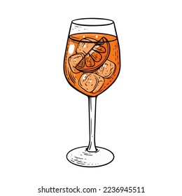 Outline hand drawn orange cocktail vector illustration. Wine glass engraving style.