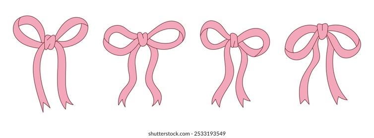 Outline Hand Drawn Pink Ribbon Coquette Vector Illustration in Vintage and Retro Style
