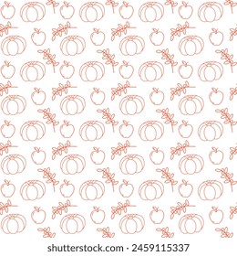 Outline hand drawn Pumpkins, apples and berry twigs Seamless pattern in trendy orange Thanksgiving