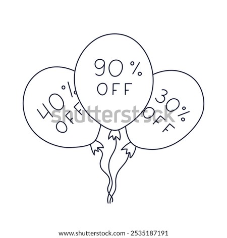 Outline hand drawn sale bunch of balloons with price off offer. Party balloons with big discount for business, internet and offline store. Minus 30, 40, 90 percent doodle isolated on background.