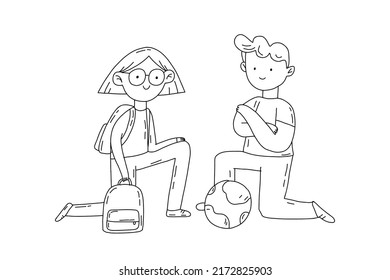 Outline Hand Drawn School Characters With Backpack And Glob Illustration In Doodle Style. Black And White Back To School Drawing Isolated On White Background.