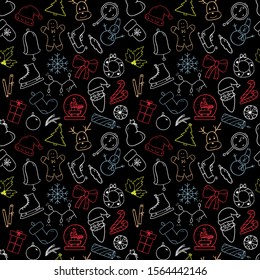 Outline hand drawn seamless pattern witn christmas and new year colorful icons: santa claus, deer, wreath, ice skating, gingerbread man, snowman, garland, tree on black background. Vector illustration