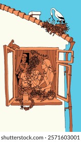 Outline hand drawn sketch art unity help speak care talk union stork old roof life scene. Line male boy guy son smile dad play gift female girl sister feed baby partner mom eat team joy good safe room