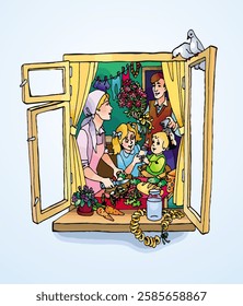 Outline hand drawn sketch art unity help speak care talk union stork old roof life scene. Line male boy guy son smile dad play gift female girl sister feed baby partner mom eat team joy good safe room