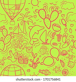 Outline hand drawn summertime vocation elements repeating pattern. Symbols of Israel natural tourism and national food. 