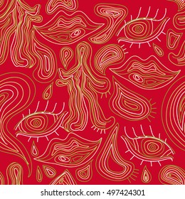 Outline hand drawn vector eye, love, smile seamless red pattern. Cute doodle modern abstract elements