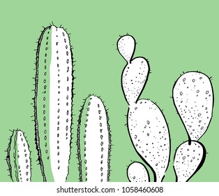 Outline hand drawn vector illustration with two cactuses for cards and posters black and white on green background
