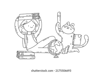 Outline hand drawn vector illustration with school girl student and cat with books isolated on white. 
