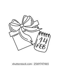 Outline hand drawn vector illustration of a gift box with a ribbon and bow, calendar marking 14 FEB for Valentines Day. A simple, clean design ideal for greeting cards or digital prints