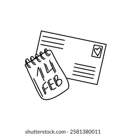 Outline hand drawn vector illustration of a love letter, calendar marking 14 FEB for Valentines Day. A simple, clean design ideal for greeting cards or digital prints