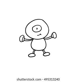 Outline hand drawn vector illustration of a cute cartoon alien