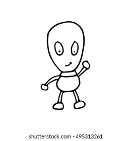 Outline hand drawn vector illustration of a cute cartoon alien