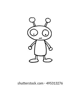 Outline hand drawn vector illustration of a cute cartoon alien