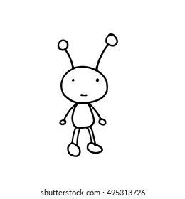 Outline hand drawn vector illustration of a cute cartoon alien