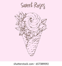 Outline hand drawn vector illustration of sweet dessert with roses flowers. Ice cream, marshmallow with flowers.  Sweet roses