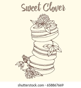 Outline hand drawn vector illustration of sweet dessert macaroons with clover flowers