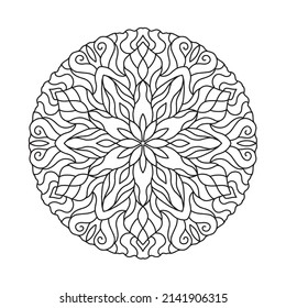Umriss handgezeichnet Vektormandala. Ost-Neunziges Rundmuster. Erwachsenenfarbseite zum Entspannen im Zen-Dreieck-Stil