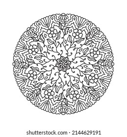 Umriss handgezeichnet Vektormandala. Ost-Neunziges Rundmuster. Erwachsenenfarbseite zum Entspannen im Zen-Dreieck-Stil