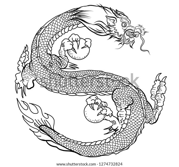 Outline Hand Drawn Yin Yang Dragon Stock Vector (Royalty Free) 1274732824