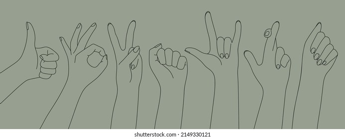 Símbolo de gesto de la mano de contorno. Distintos gestos de arte de línea, ilustración vectorial.