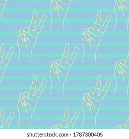 Outline hand gesture two fingers up. Peace victory sign. Yellow silhouette contour on a blue background. Designed for textile, wrapping paper, fabric print. Vector illustration.