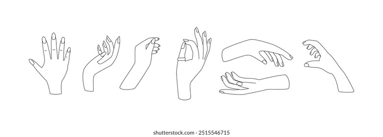 Outline hand gestures. Human hands line art. Arms, fingers, wrist. Vector editable stroke.