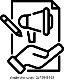 Esquema de documento de mano con el icono de promoción de marketing de megáfono