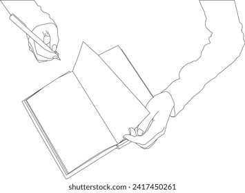 outline hand holding pen with notebook