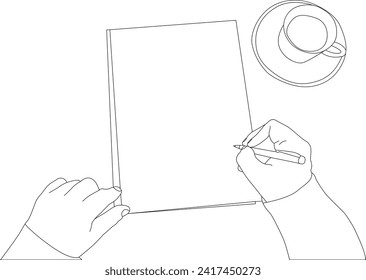outline hand holding pen with notebook and tea cup